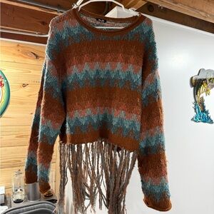 Miss Me Zigzag Fringe Sweater - Rust and Teal